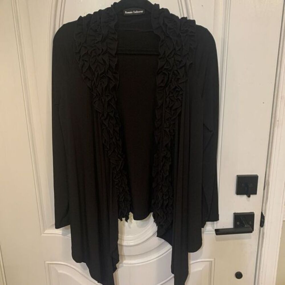 Ronnie Salloway Liquid Knit Slinky Cardigan Black Open Front Ruffled Size‎ Large